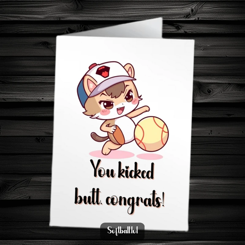 Funny Free Printable Congrats Card: A character with a mischievous look dribbles a softball playfully using their foot, showing off.