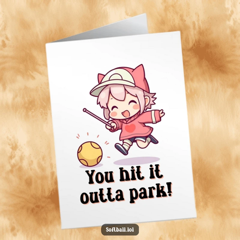 Funny Free Printable Congratulations Card: Character in a goofy, high jump after connecting with a ball, celebrating a great success.