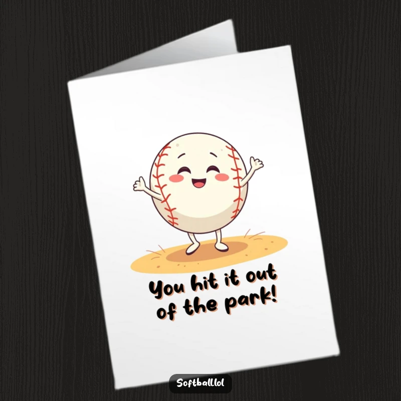 Funny Free Printable Congratulations Card: Joyful, grinning softball character in a silly dance pose celebrating a win.