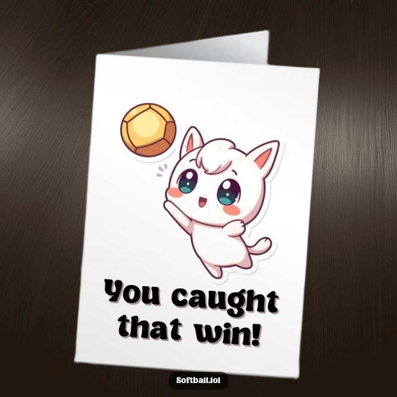 Funny Free Printable Congratulations Card showing a kawaii character with wide, excited eyes triumphantly catching a baseball.