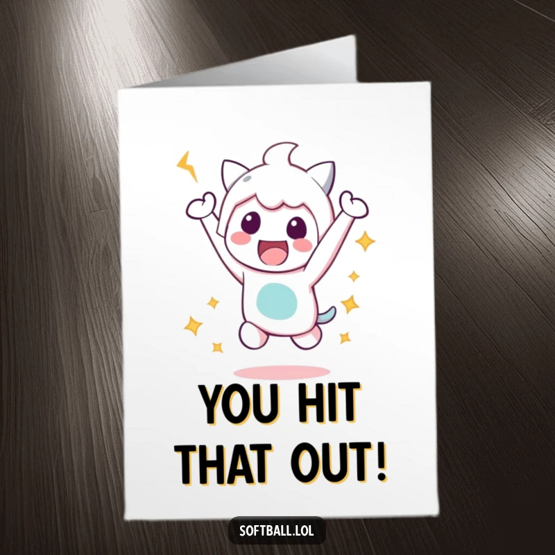 Funny Free Printable Congratulations Card showing a kawaii character leaping in a happy victory jump after a successful hit.
