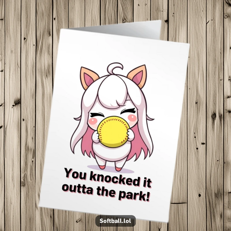 Funny Free Printable Softball Card Congratulations Card: Winking character holding a softball, celebrating victory, great for team achievements.