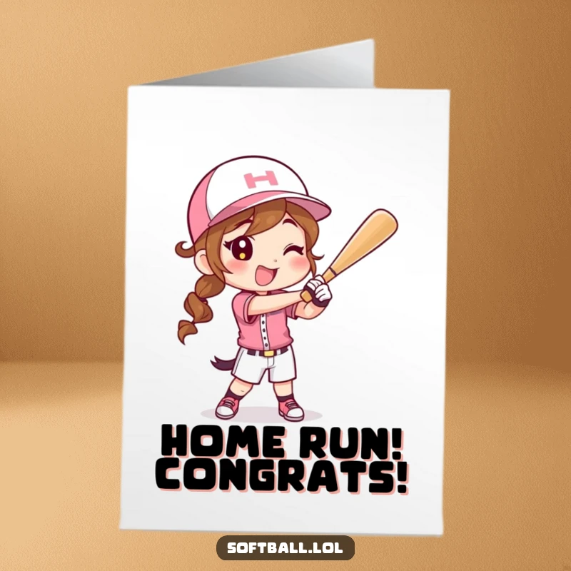 Funny Free Printable Congratulations Card: Joyful character in softball gear, powerfully swinging a bat after a hit.
