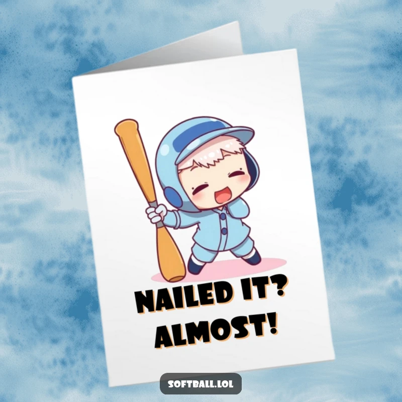 Funny Free Printable Congratulations Card: A character comically tripping over a baseball bat, celebrating success with slapstick.