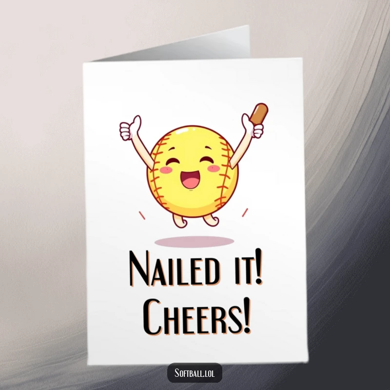 Funny Free Printable Congratulations Card: A jubilant softball jumps with outstretched arms after hitting an epic home run.