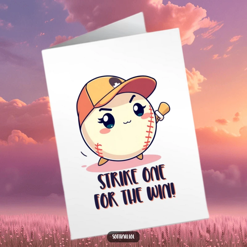 Funny Free Printable Congratulations Card: A serious softball pitches with all its might, delivering a speedy strike to win.