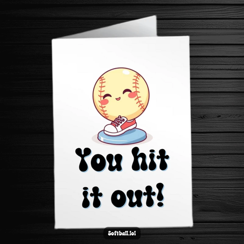 Funny Free Printable Congratulations Card: A comical softball in tiny sneakers slides into a base, celebrating a win with flair.