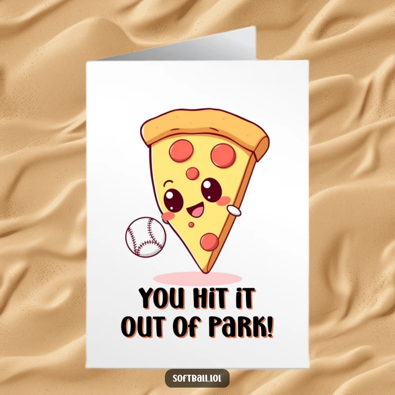 Funny Free Printable Congrats Card: Giant googly-eyed pizza slice catching a baseball, celebrating a spectacular win, great downloadable gift.
