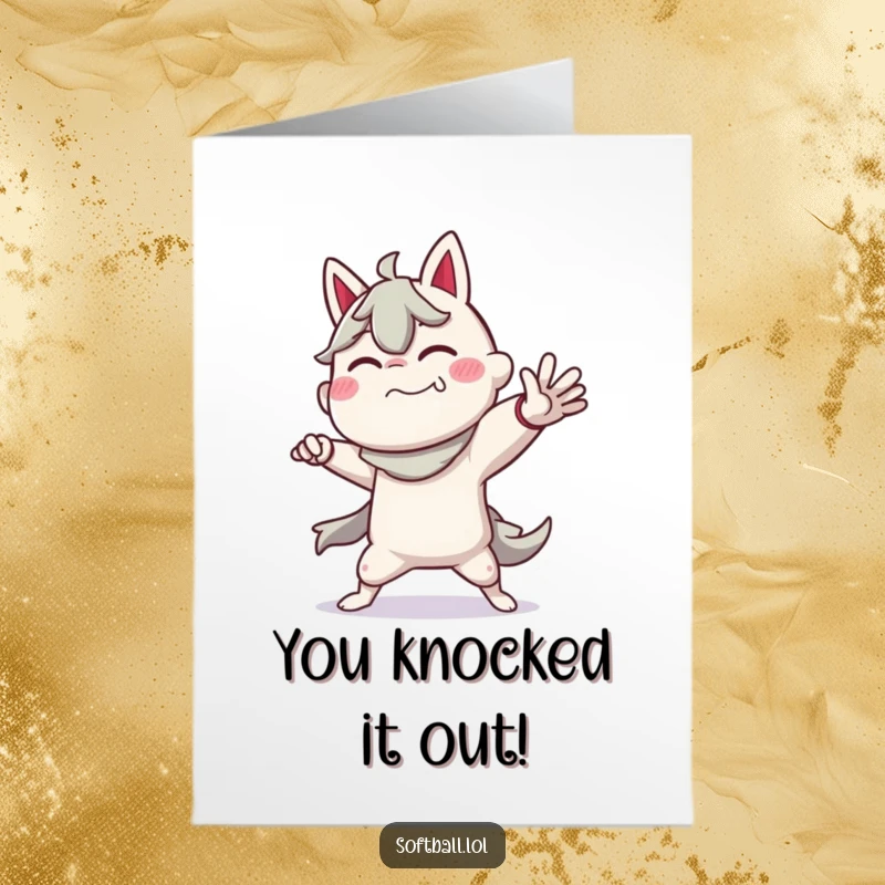 Funny Free Printable Congratulations Card: Character strikes a dramatic pitching pose, celebrating success. Humorous, athletic, downloadable, print-at-home.