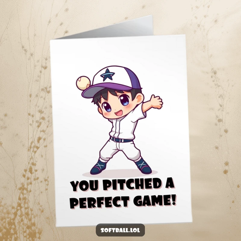 Funny Free Printable Congrats Card: Character striking a dynamic, athletic pose while demonstrating a fancy pitching motion.