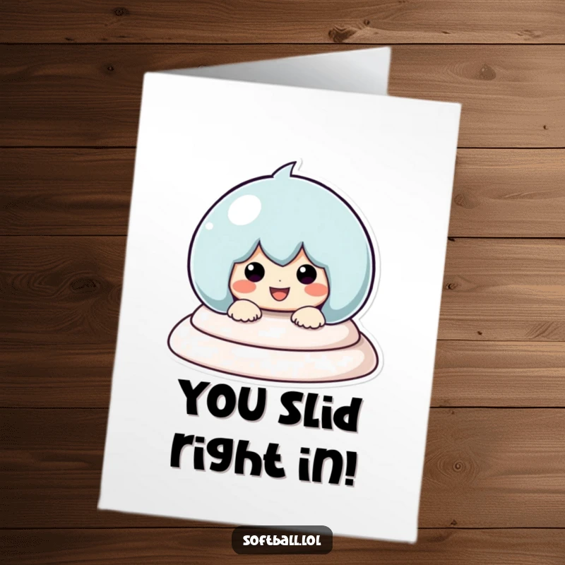 Funny Free Printable Congratulations Card featuring a kawaii character making a swift, smiley headfirst slide into a baseball base.