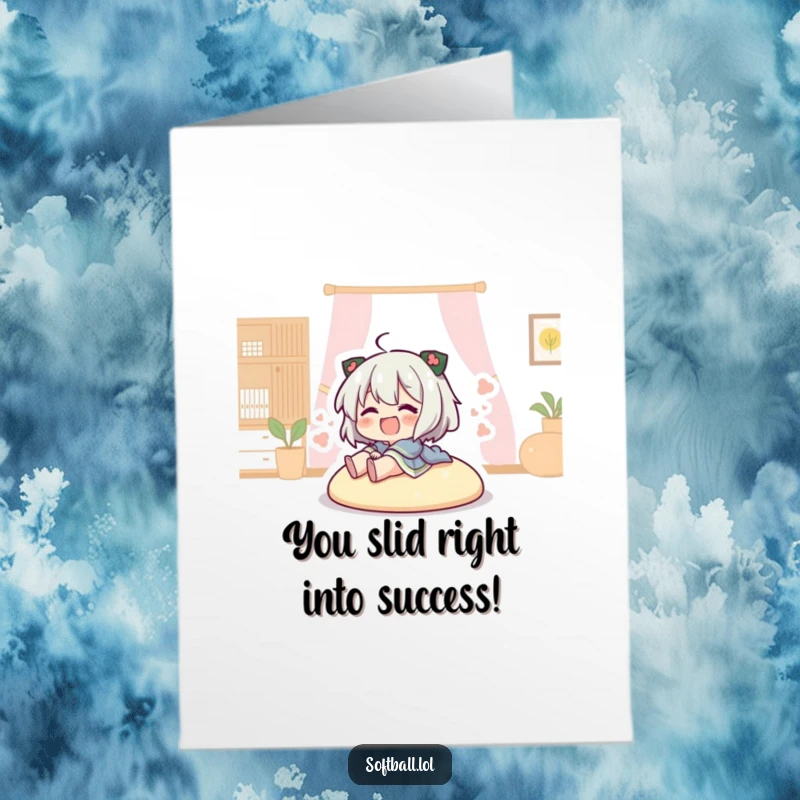 Funny Free Printable Congratulations Card featuring a character sliding headfirst into home plate with pure joy.