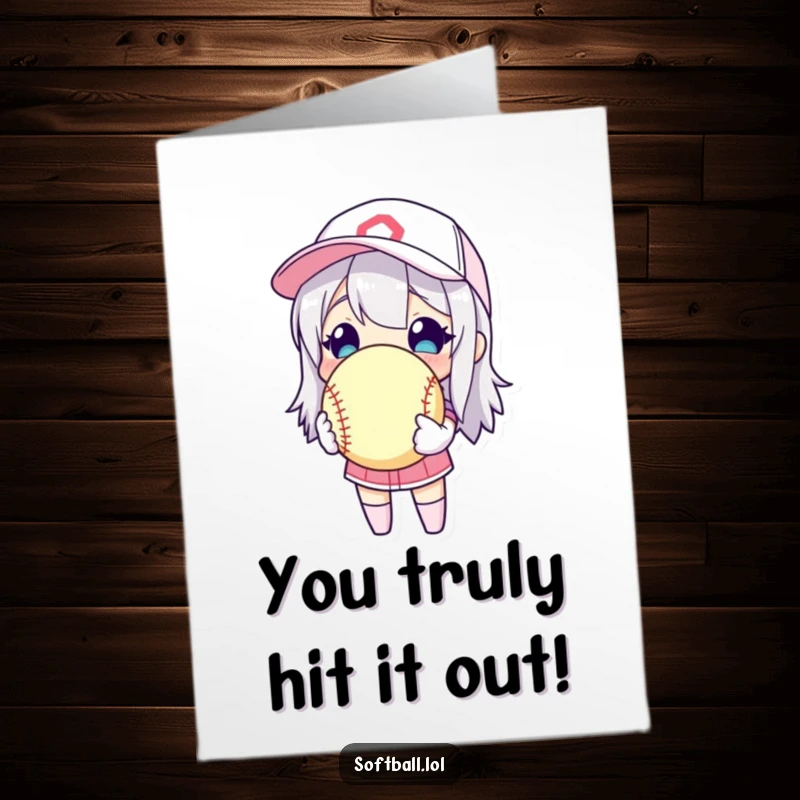 Funny Free Printable Congratulations Card showing a character cuddling a softball as if it's the most valuable item ever.