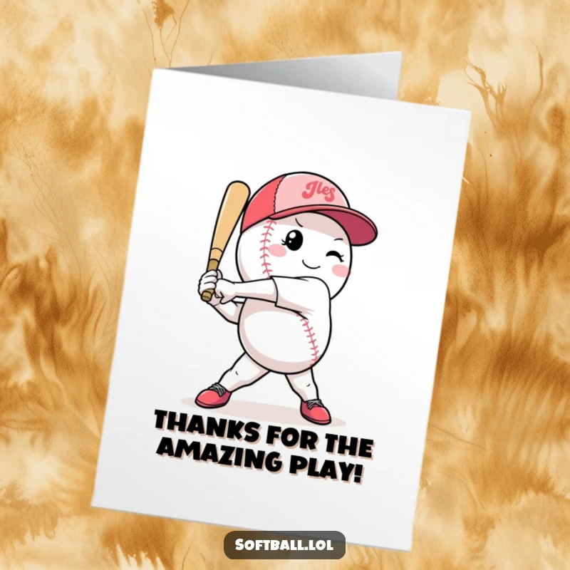 Funny free printable thank you card with a determined softball character posed mid-swing, expressing heartfelt thanks.