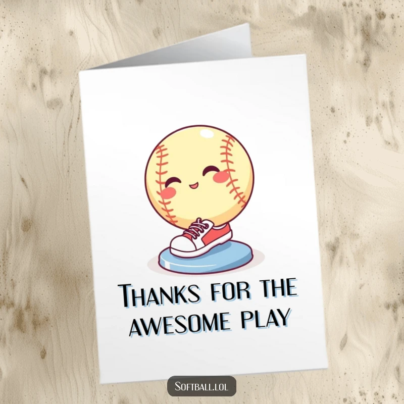 Funny Free Printable Thank You Card: A humorous softball in sneakers slides into a base, comically expressing thanks.