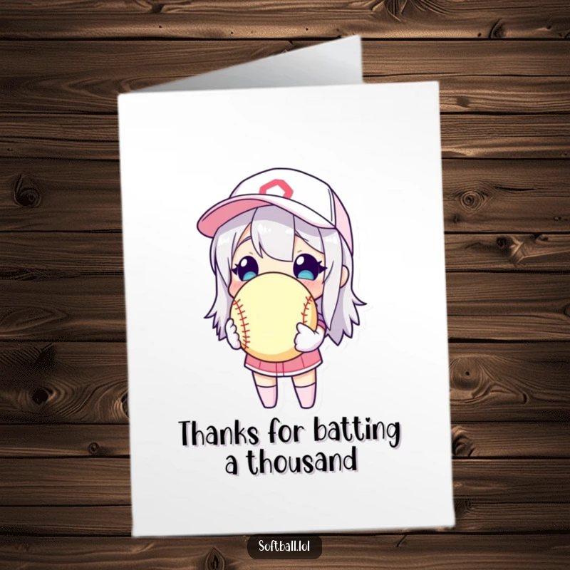 Funny Free Printable Thank You Card of a character holding a softball close, symbolizing deep appreciation for their help.