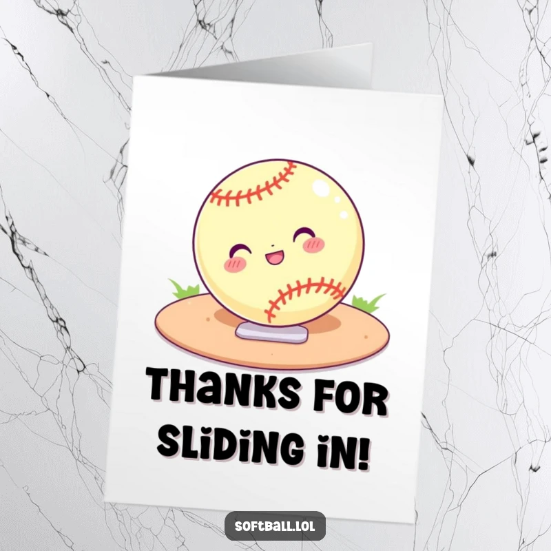 Funny Free Printable Softball Thank You Card, a ball sliding confidently into home plate, action-oriented downloadable greeting.