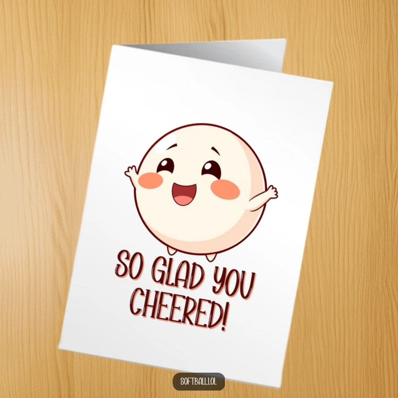 Funny Free Printable Thank You Card: A softball with rosy cheeks cheers happily, conveying sincere appreciation.