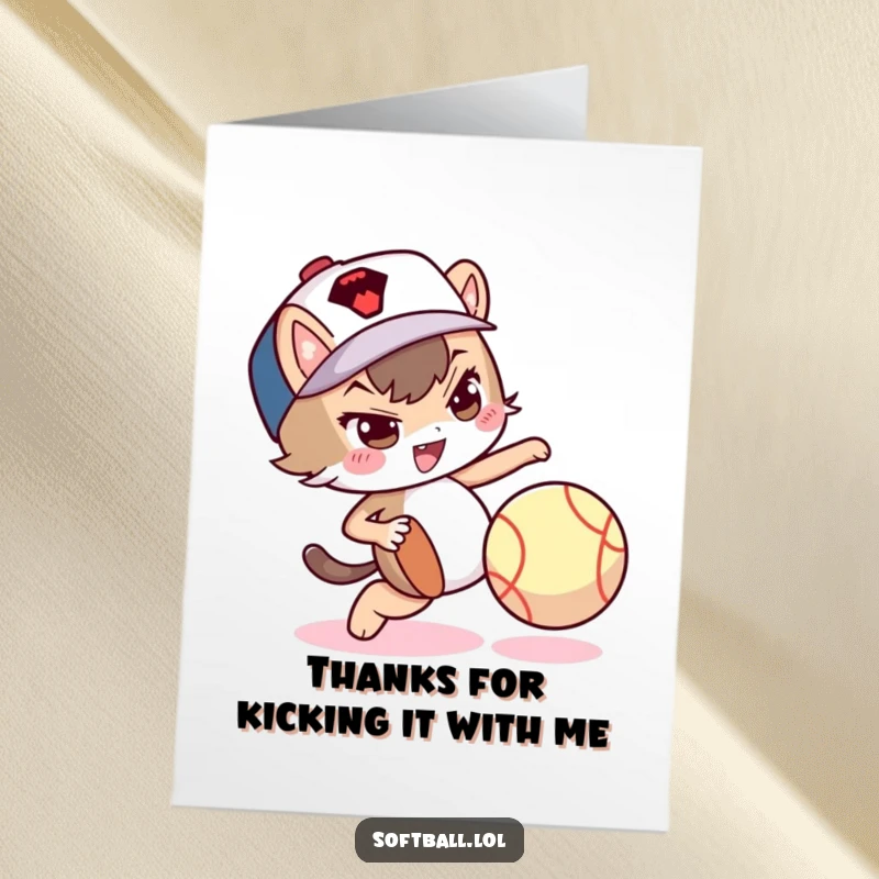 Funny Free Printable Thank You Card: Mischievous character skillfully dribbles a softball with their foot, a playful smirk on their face.