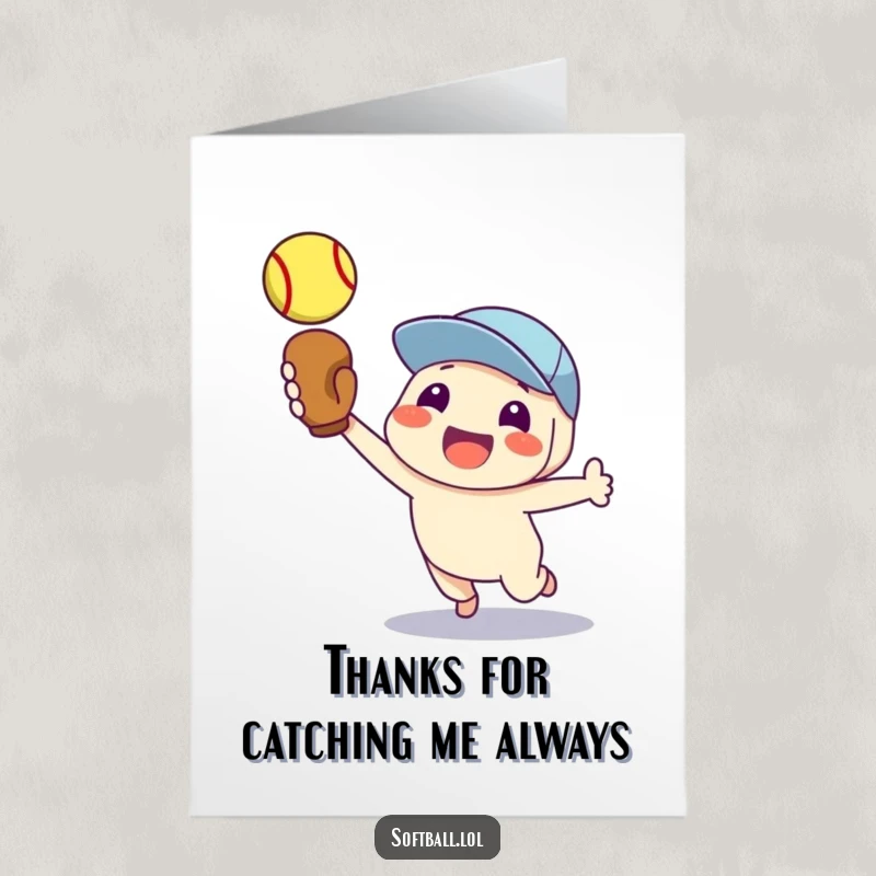 Funny Free Printable Thank You Card: Proud character expertly catching a softball, glove ready, with a smile.