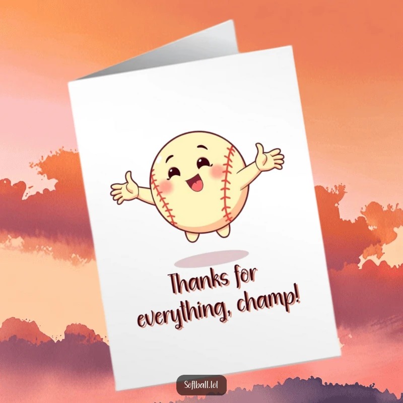 Funny Free Printable Softball Thank You Card, a ball in a dynamic pose with arms spread wide, energetic downloadable greeting.