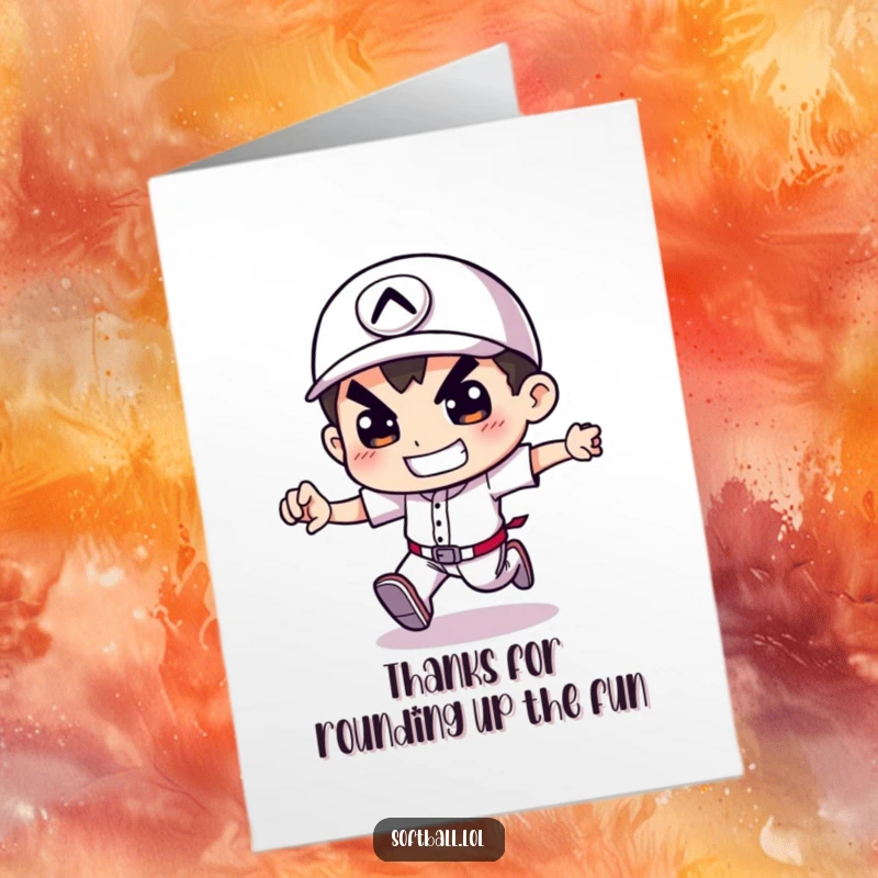 Funny Free Printable Baseball Card Thank You Card: Determined character running bases with a grin, expressing thanks, great for coaches.