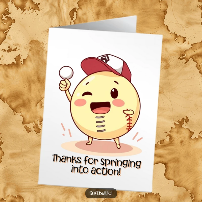 Funny Free Printable Thank You Card depicting a softball with a spring, comically trying to pitch itself as a thank you.