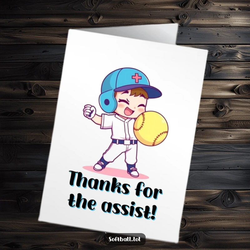 Funny Free Printable Thank You Card: A softball player character gives a knowing wink while throwing a curveball.