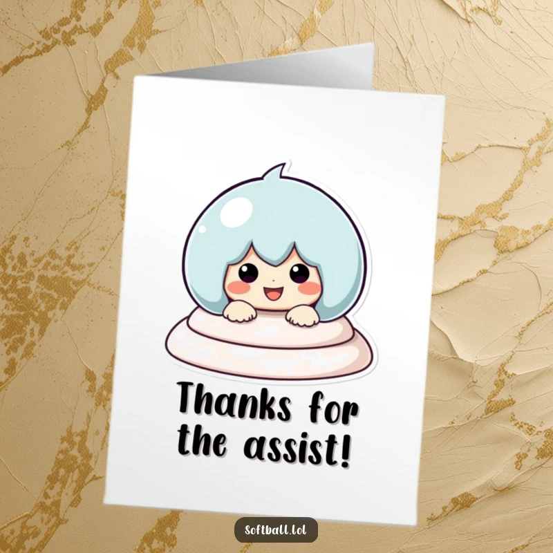 Funny Free Printable Thank You Card of a kawaii character in mid-slide towards a base, smiling broadly.