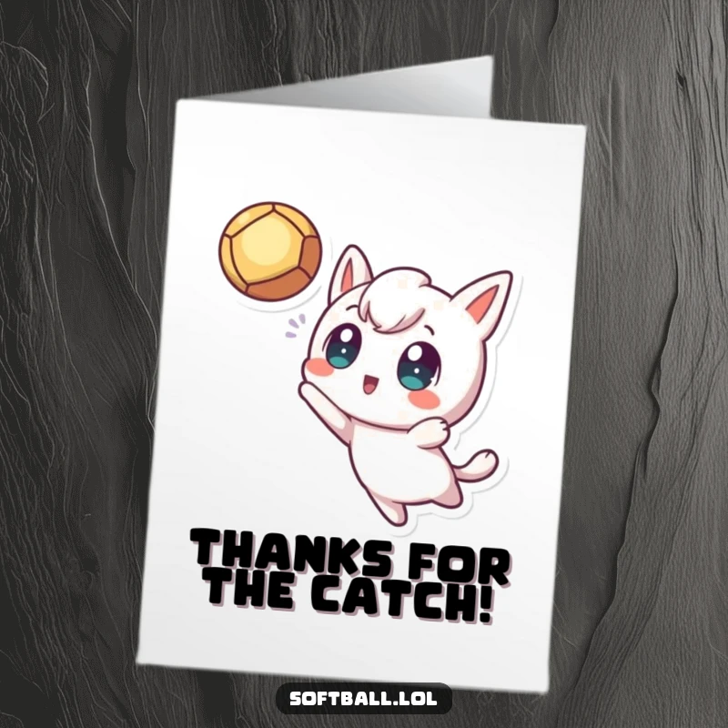 Funny Free Printable Thank You Card featuring a kawaii character with wide, excited eyes making a spectacular catch.