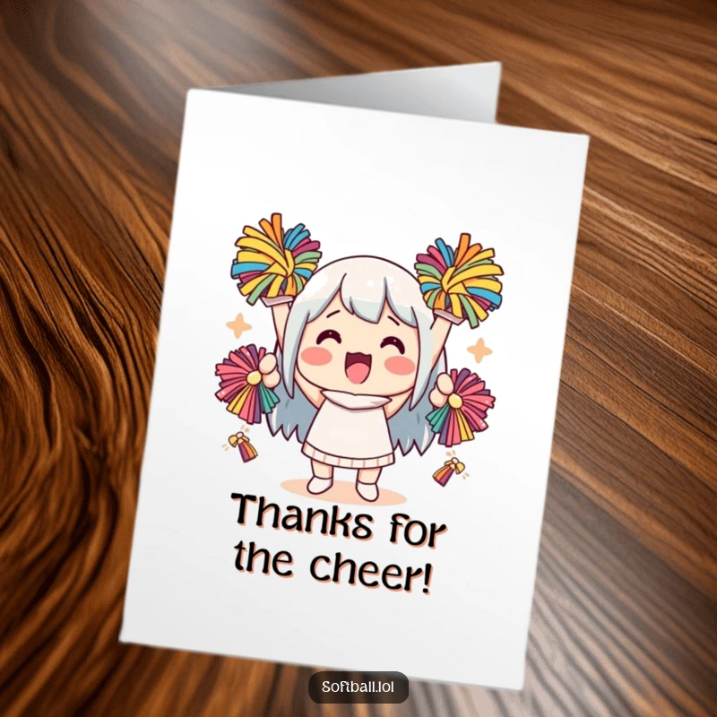 Funny Free Printable Thank You Card: Kawaii character cheering enthusiastically with pom-poms, a vibrant and humorous way to express gratitude.