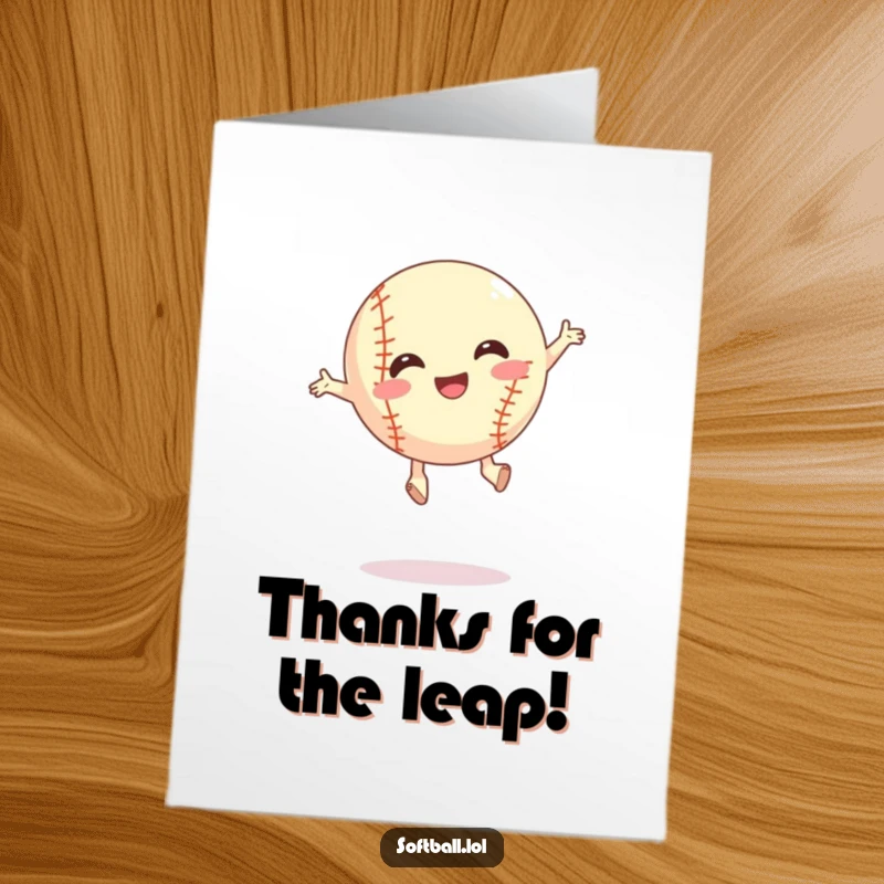 Funny Free Printable Thank You Card: A softball executes a silly, joyful jump, conveying thanks.