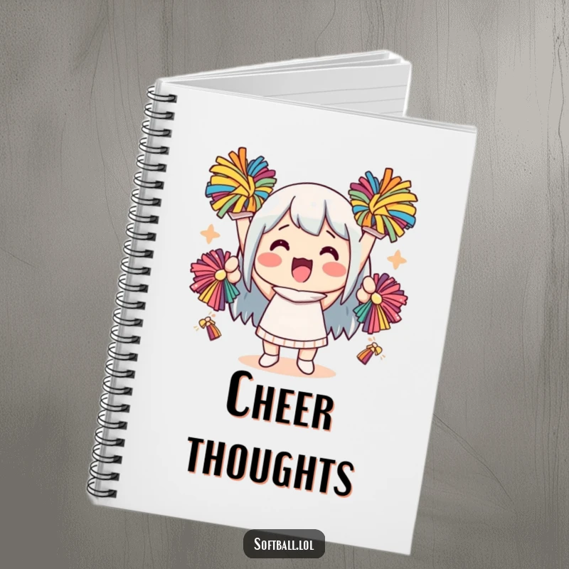 Funny kawaii character notebook with a cute character cheering with pom-poms, great for journaling and humor.