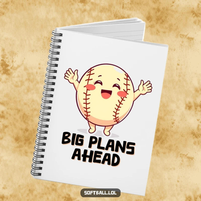 Funny Notebook: A softball character cheers with arms raised, inspiring energetic notes and celebratory thoughts.