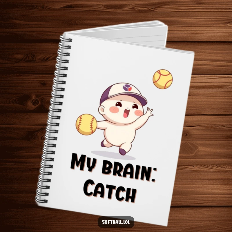 Funny softball notebook featuring an agile character making a skillful catch, perfect for jotting down brilliant ideas.