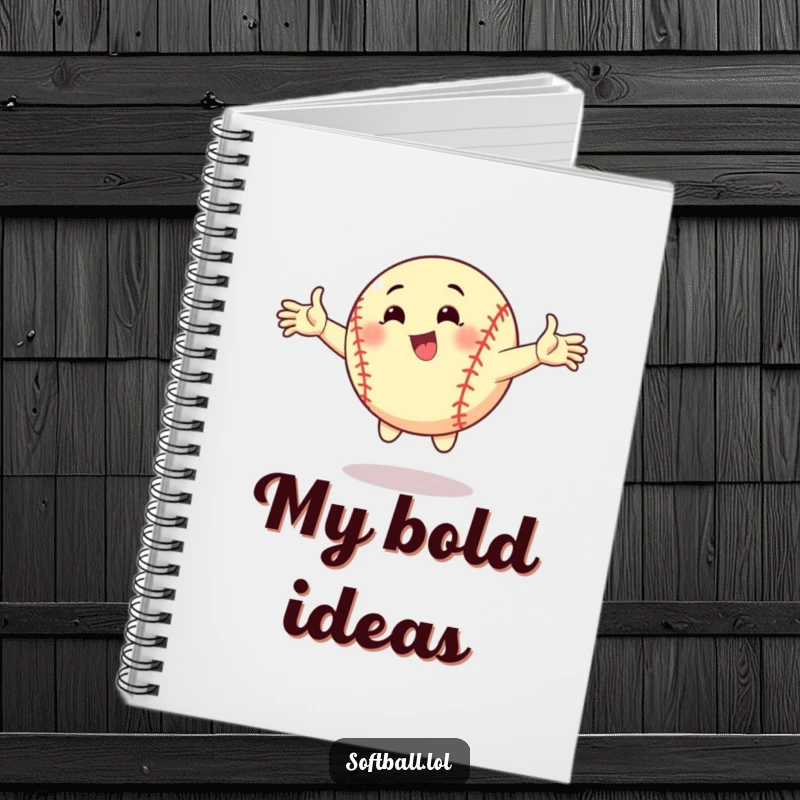 Funny notebook cover with a cartoon softball striking a dynamic pose with arms outstretched. Perfect for jotting down ideas.