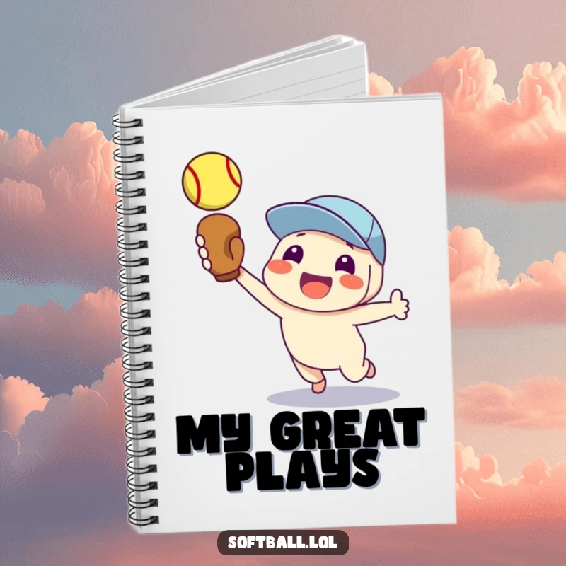 Funny notebook featuring a proud character catching a softball, ideal for sports fans and writers.