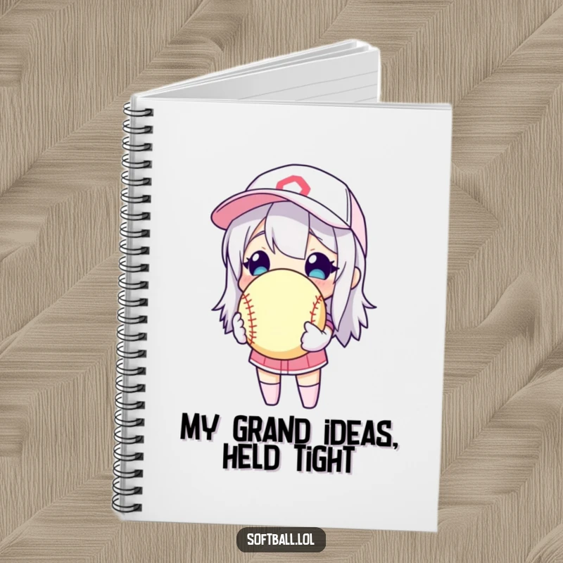 Funny character holding a softball as a prized possession on a notebook, ideal for journaling sports memories humorously.
