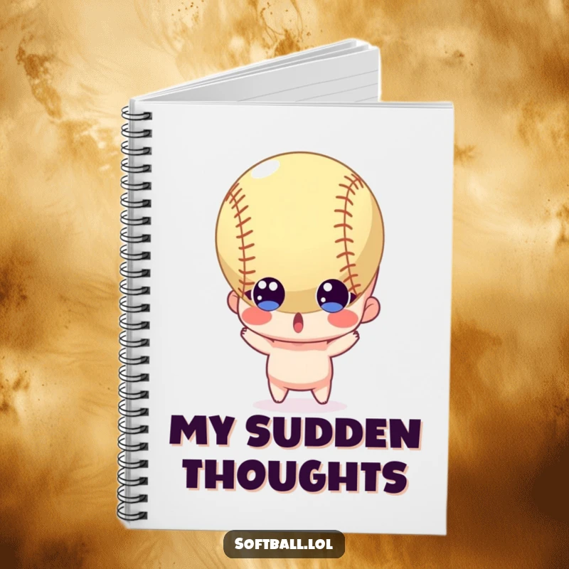 Funny notebook featuring a surprised character with wide eyes as a softball flies towards it, ideal for jotting down quick thoughts.