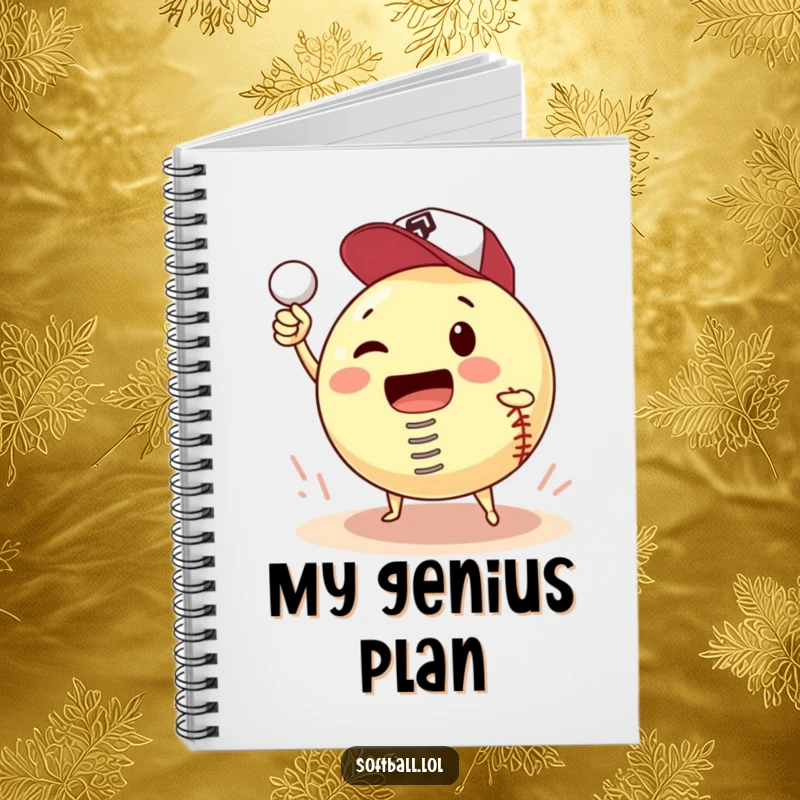 Funny notebook cover with a softball and a spring, humorously attempting to pitch itself, perfect for jotting down funny sports ideas.