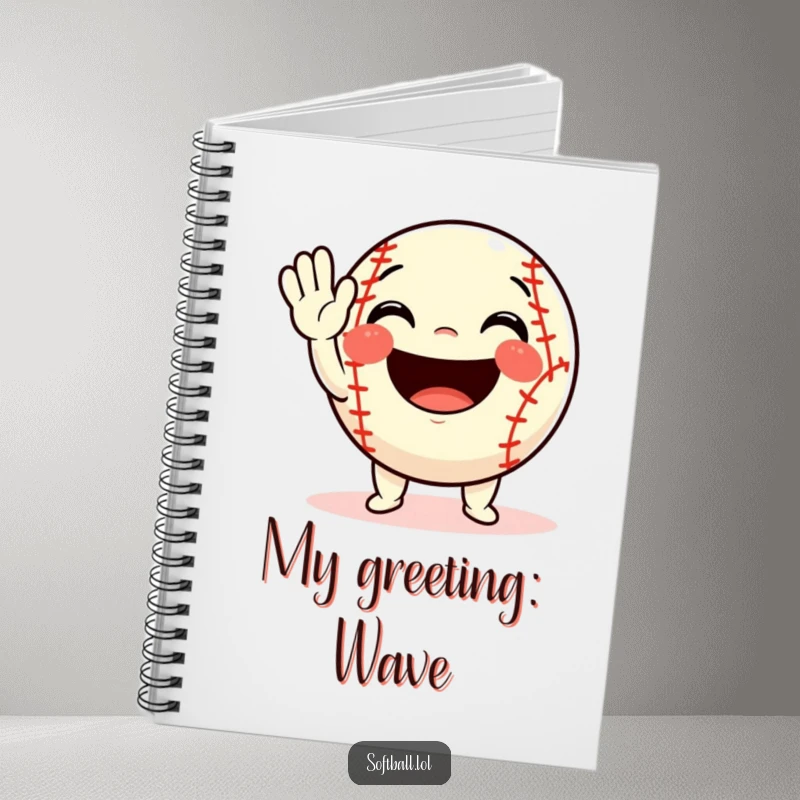 Funny softball notebook featuring a character waving with a huge smile, perfect for jotting down cheerful thoughts and ideas.