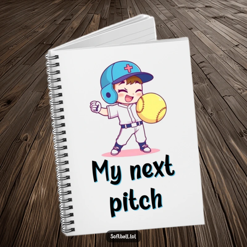 Funny softball player notebook displays a character throwing a curveball with a wink, perfect for jotting down clever notes.