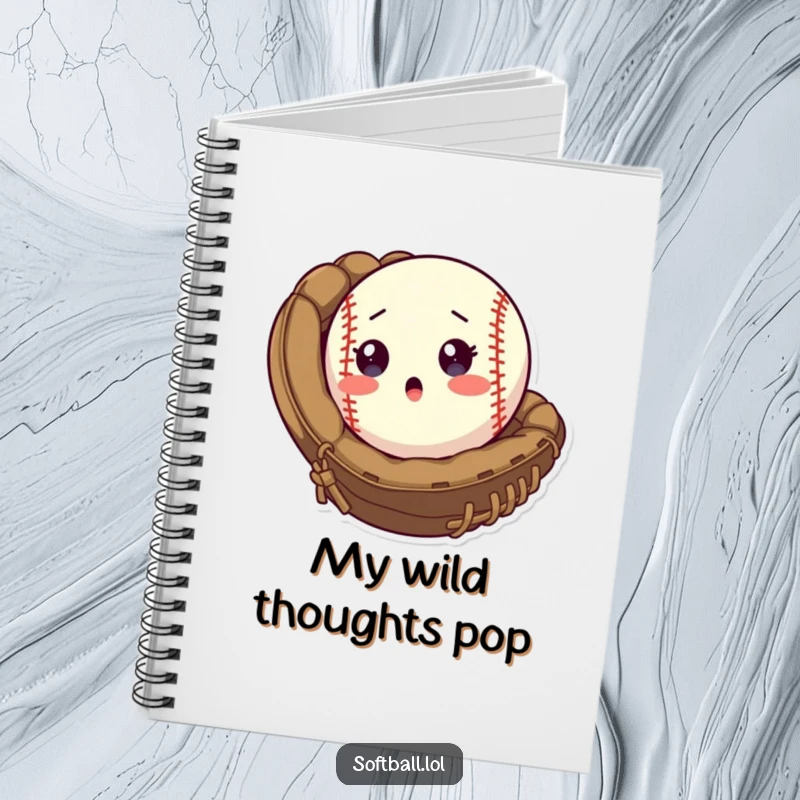 Funny Notebook with a surprised softball popping out of a mitt, ideal for jotting down game strategies and funny notes.