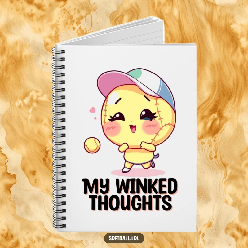Funny winking softball notebook, playing catch with a wink, perfect for notes and funny gifts.