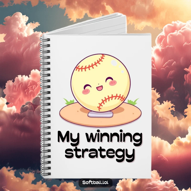 Funny notebook cover with a cartoon softball confidently sliding into home plate. Perfect for jotting down game notes.
