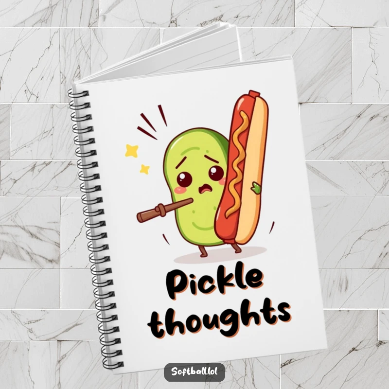 Funny notebook cover with a confused pickle slice comically batting a flying hot dog, ideal for notes and humorous doodles.