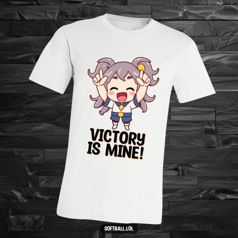 Funny t-shirt featuring a character cheering enthusiastically with arms raised, symbolizing victory and pure happiness.