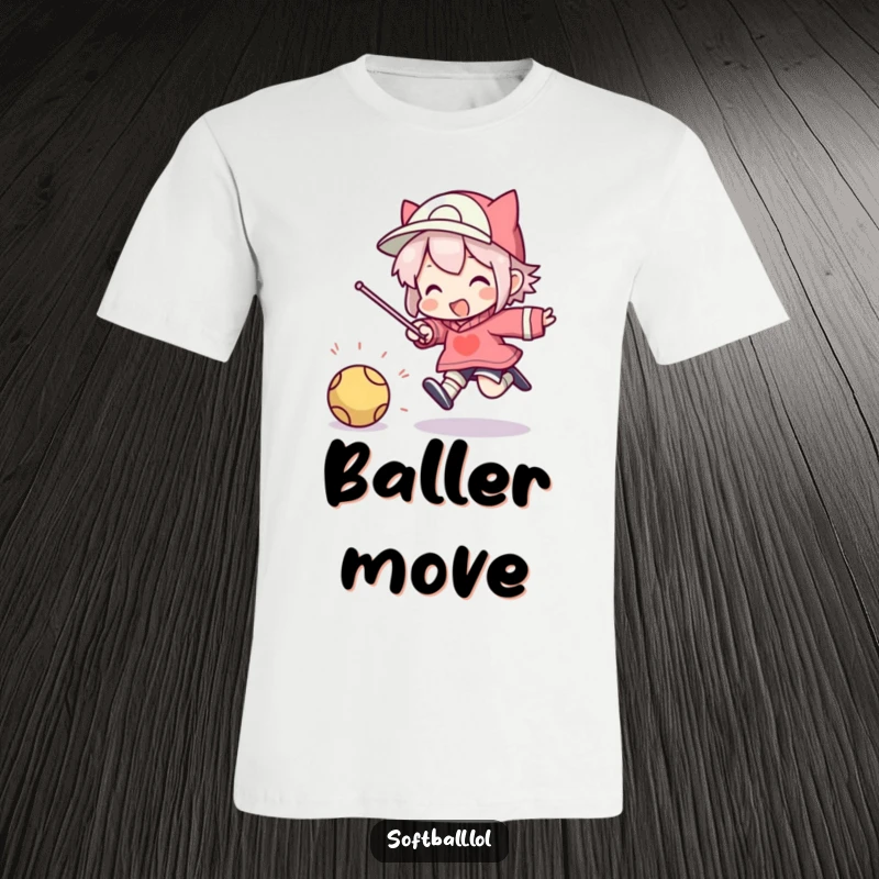 Funny t-shirt graphic of a character leaping high in a silly, excited pose after connecting with a ball.