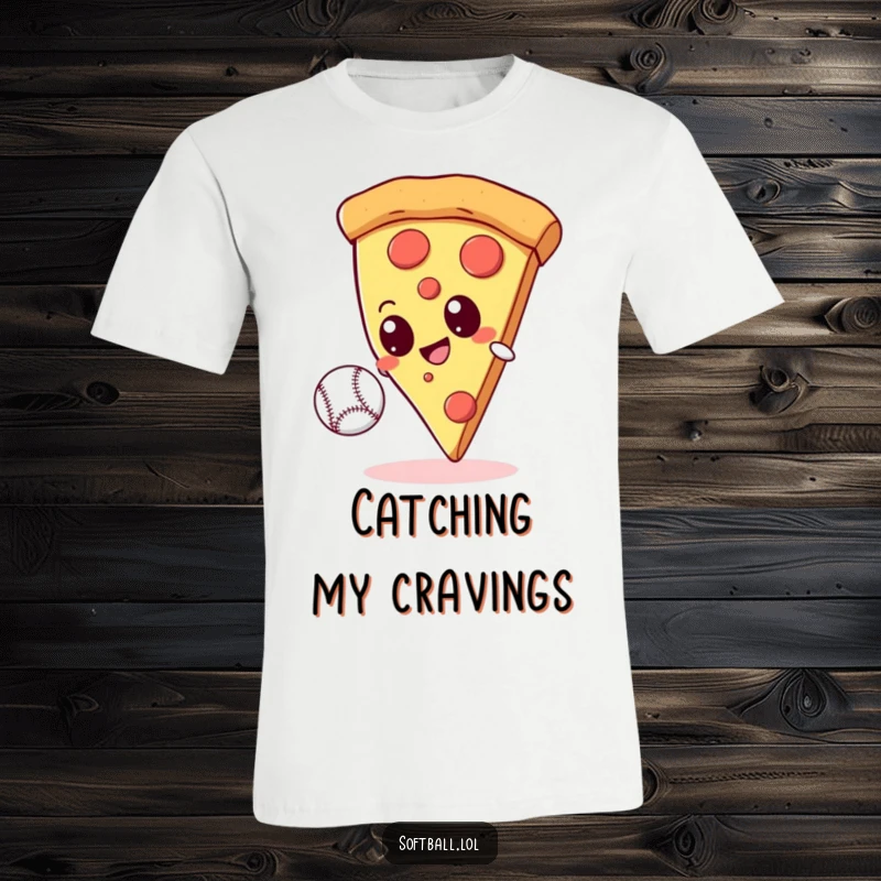 Funny giant pizza slice with googly eyes attempting to catch a baseball on a comfortable t-shirt, showcasing quirky sports enthusiasm.