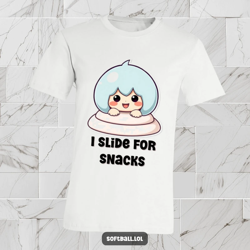 Funny Sliding Baseball T-Shirt, depicting a kawaii character sliding into a base with a triumphant smile, perfect for active spirits.